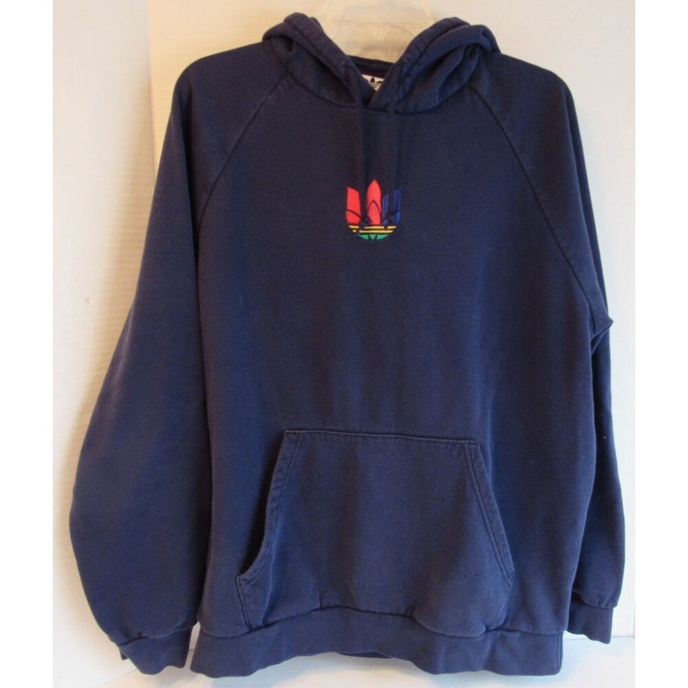 Adidas VTG Adicolor Embroidered 3D Trefoil Pullover Hoodie Navy Blue Size Large